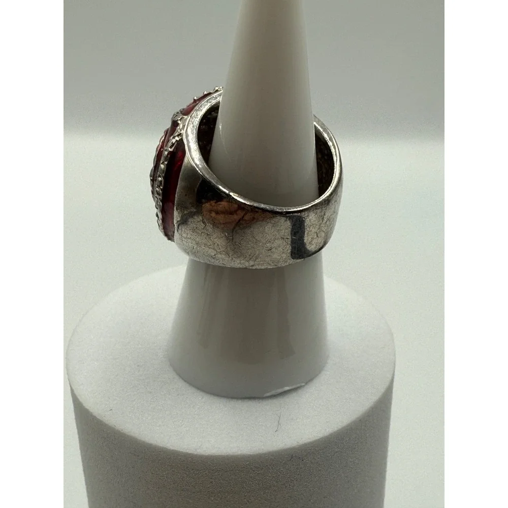Red Enamel Silver Tone Swirl Statement Cocktail Dome Ring Size 7.5